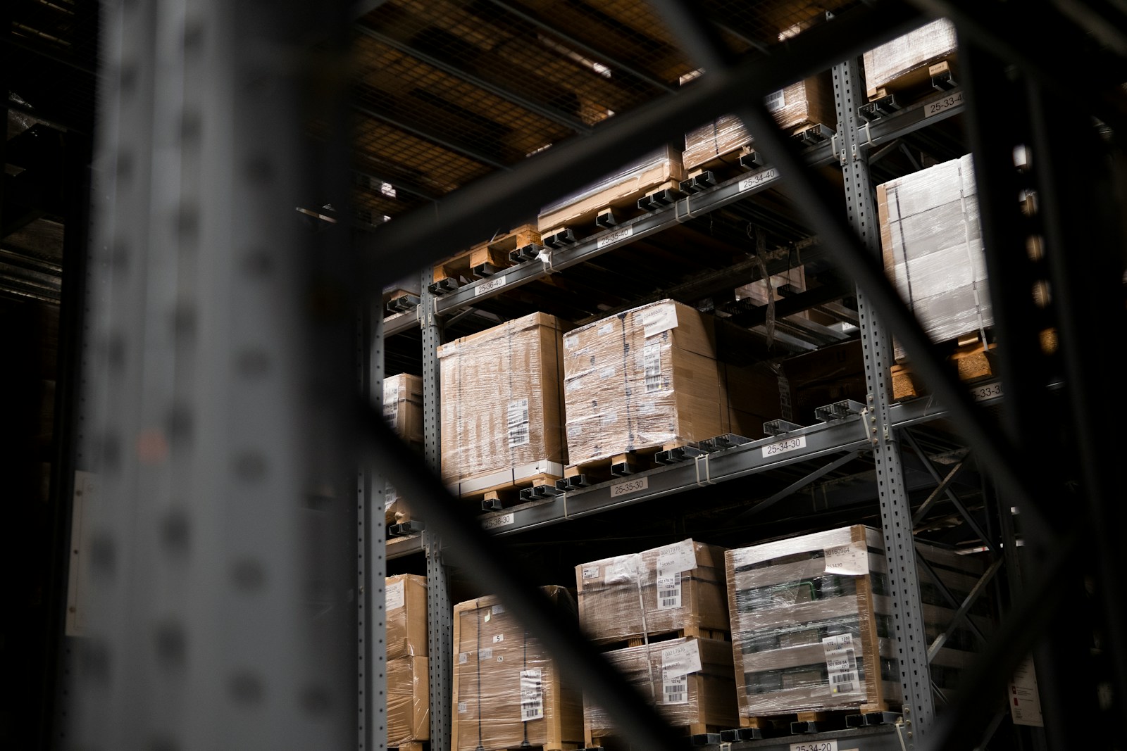 Warehouse interior stocked with boxes and pallets